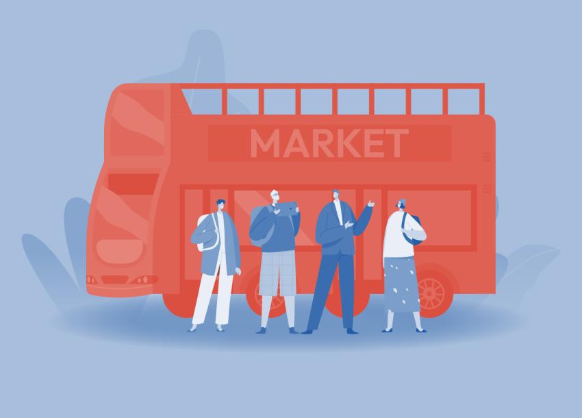 Illustration of a business owners in front of a bus